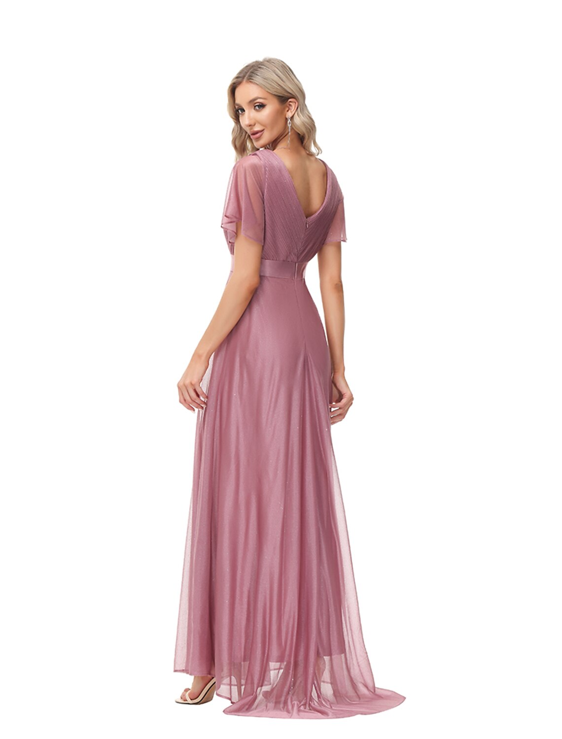 A-Linie Abendkleid Partykleid Empire-Kleid Hochzeitsgast Abschlussball Bodenlang Kurzarm V-Ausschnitt Brautjungfernkleid Tüll mit gerüschten Rüschen