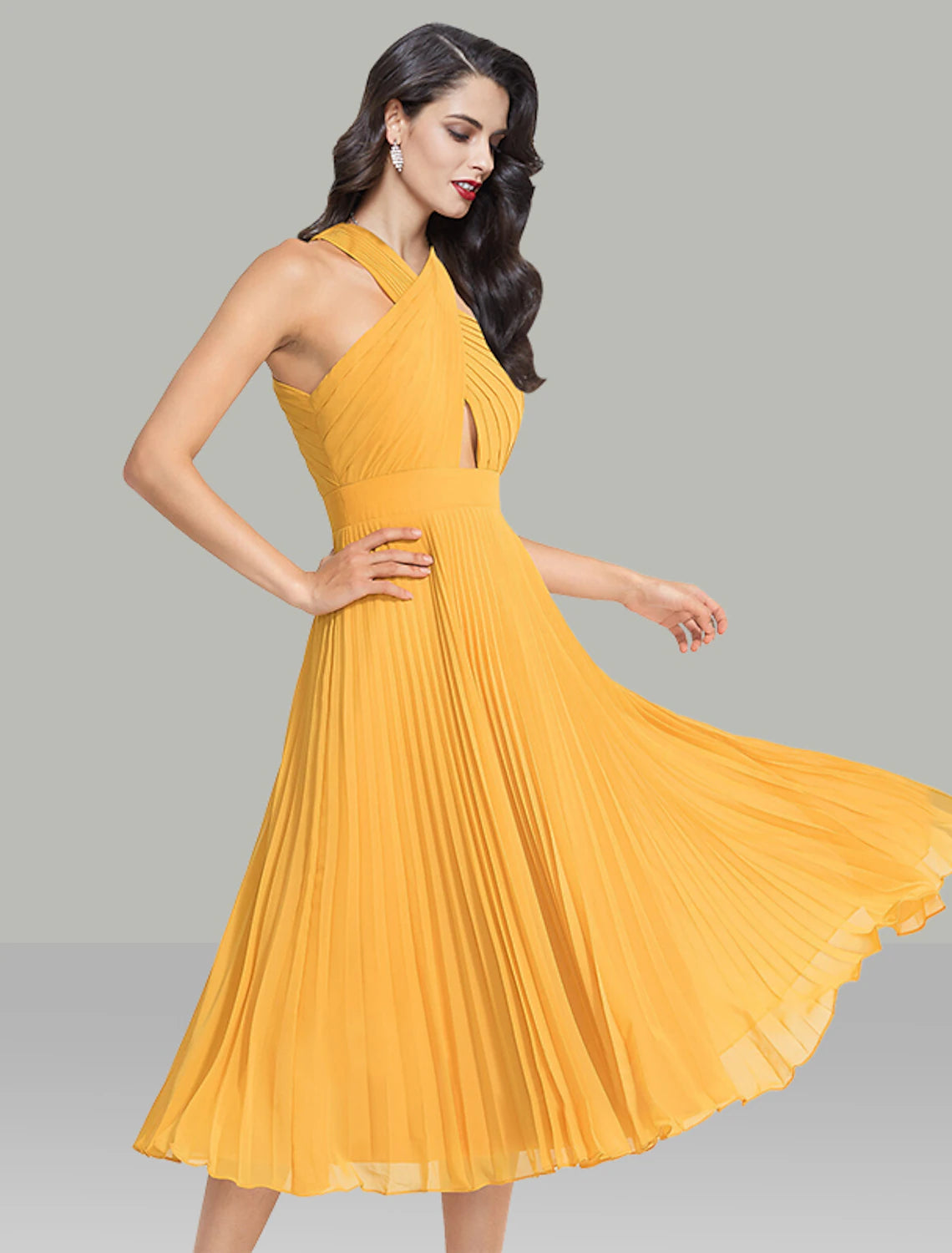 Robe de mariée trapèze élégante, robe de cocktail, robe de soirée, longueur thé, sans manches, col licou, mousseline avec fronces