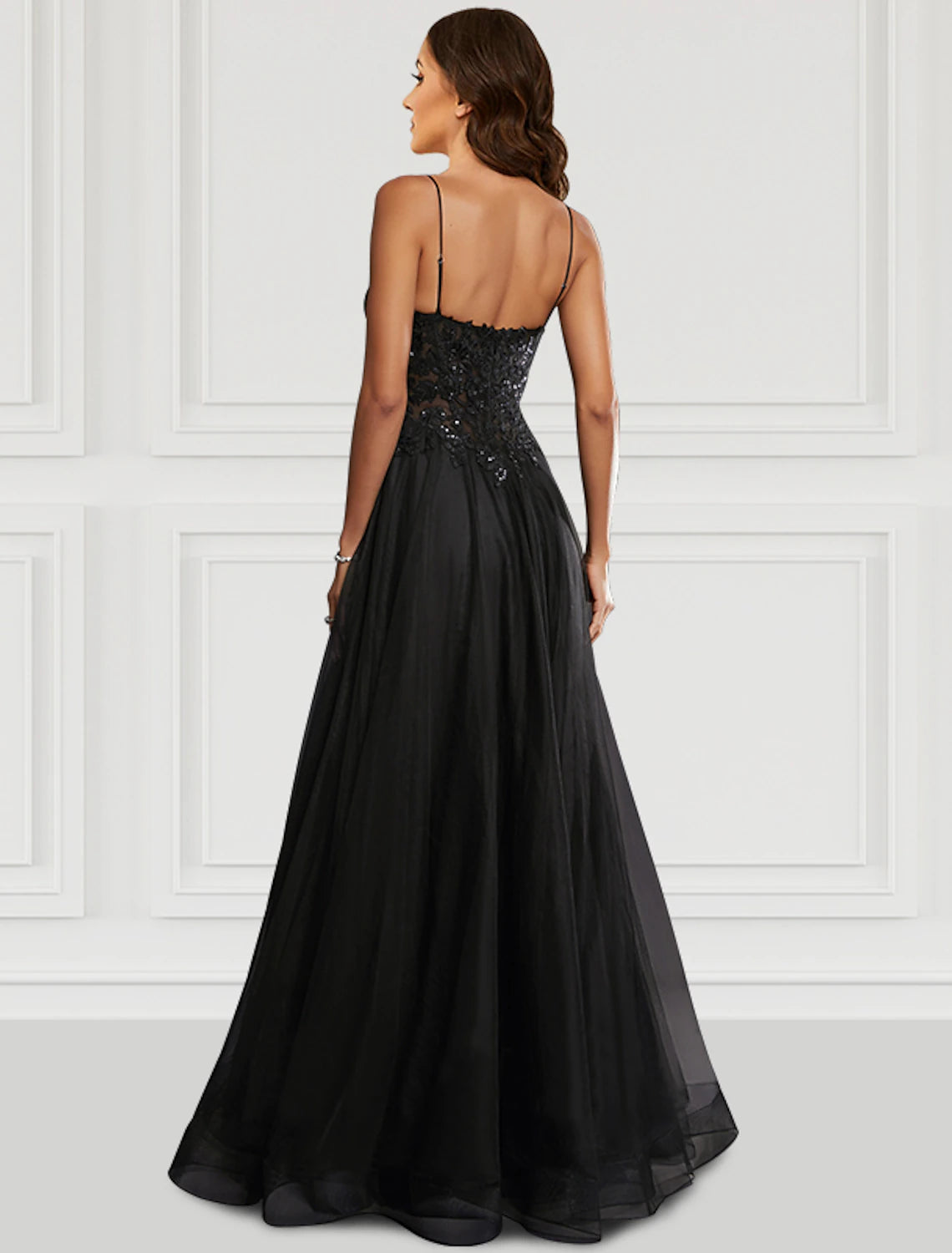 Robe de bal trapèze noire à fleurs, tenue de soirée, de mariage, longueur au sol, sans manches, bretelles spaghetti, tulle avec fente pailletée