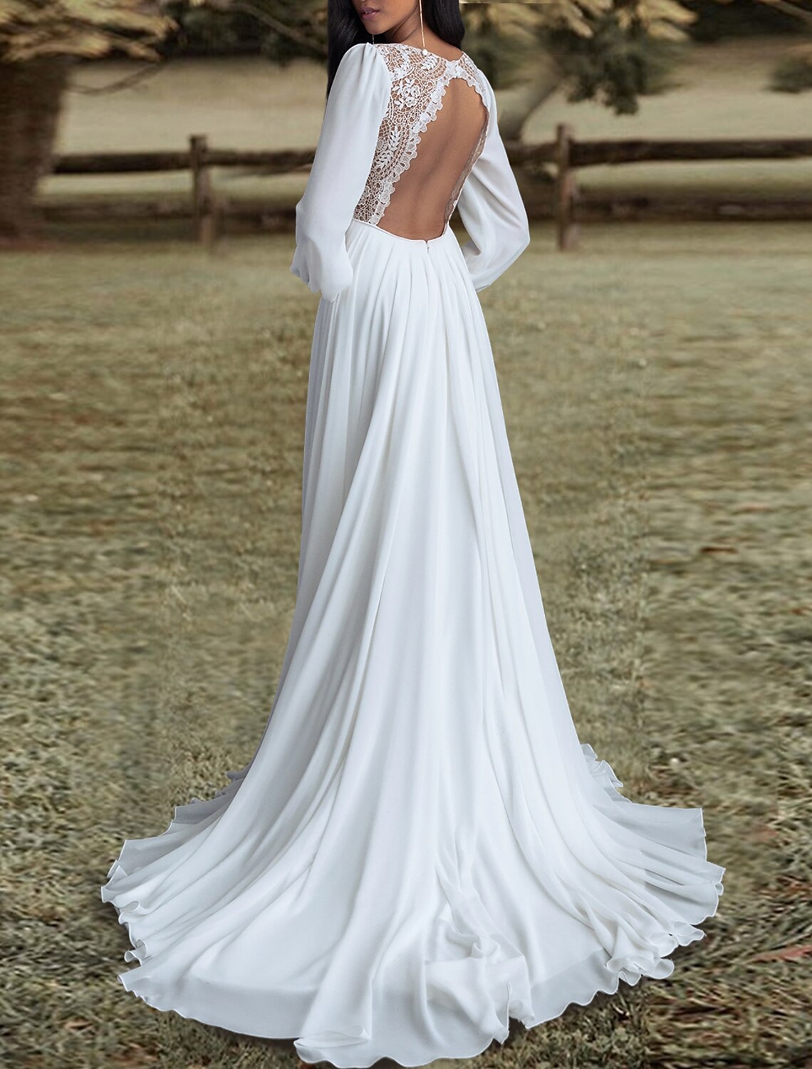 Offener Rücken Brautkleider A-Linie V-Ausschnitt Langarm Sweep / Pinsel Schleppe Chiffon Brautkleider mit Falten