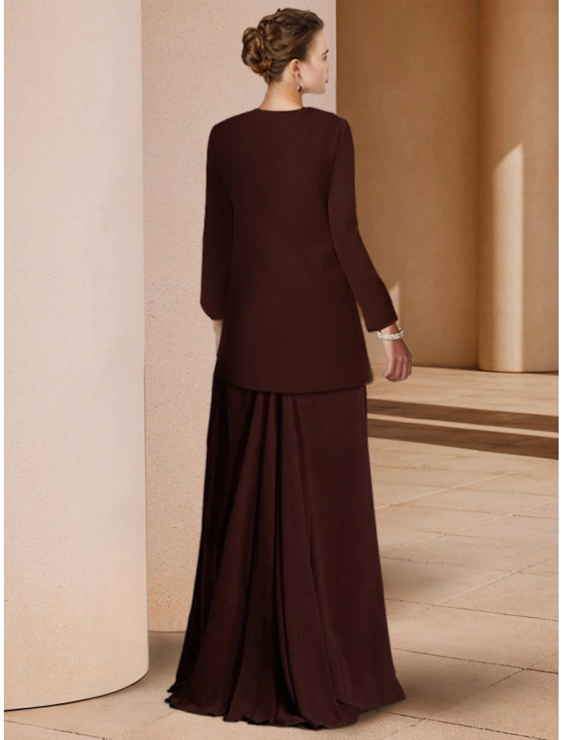 Etuikleid/Säulenkleid für die Brautmutter, elegantes U-Ausschnitt, bodenlanges Chiffon-Kleid mit langen Ärmeln und Paillettenrüschen