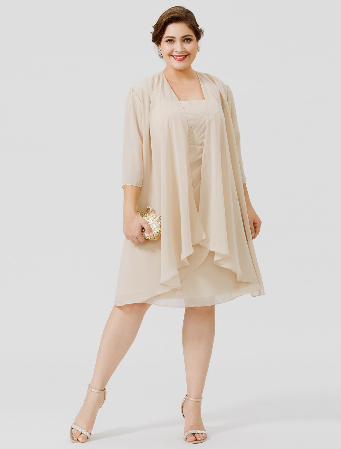 Etuikleid/Säulenkleid für die Brautmutter, Übergröße, elegante Träger, knielang, Chiffon, transparente Spitze, ärmellos, ja, mit überkreuzten Trägern