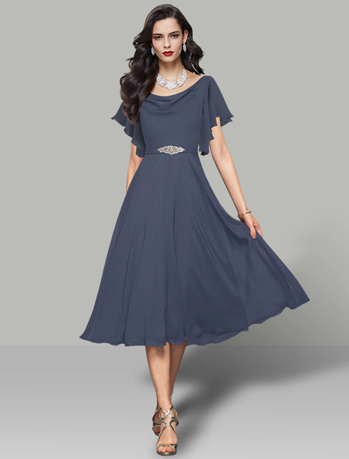 Robe de mariée trapèze élégante, robe de cocktail, Kentucky Derby, longueur thé, manches courtes, col bénitier, ceinture en mousseline avec strass