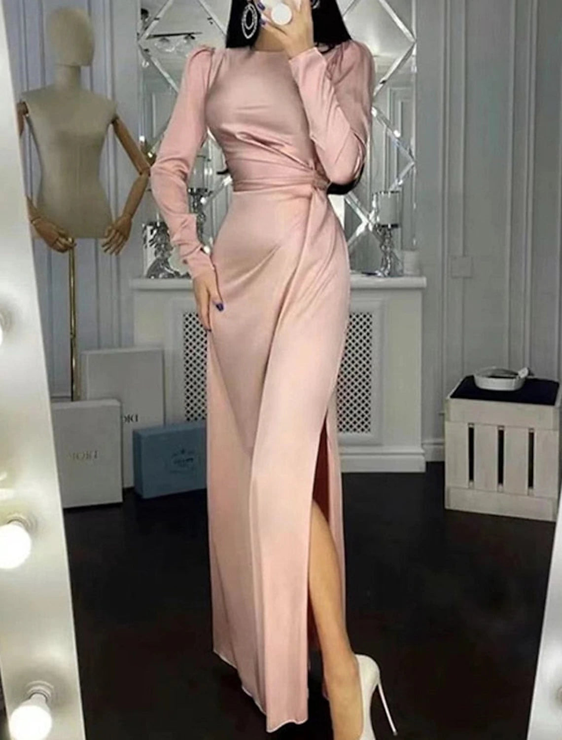 Etuikleid Partykleid Abendkleid Elegantes Kleid Hochzeitsgast Herbst Bodenlang Langarm Stehkragen Brautjungfernkleid Satin mit Rüschen