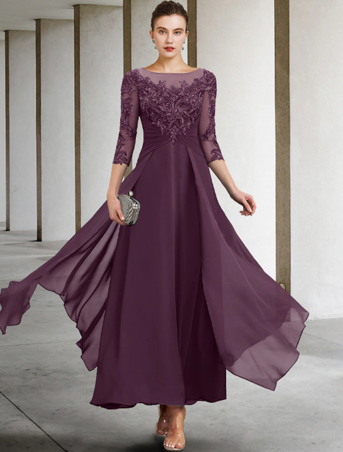 A-Linien-Kleid für die Brautmutter, Applikationen, Herbst, Hochzeitsgast, Übergröße, elegant, U-Ausschnitt, knöchellang, Chiffon, Spitze, Pailletten, 3/4-Ärmel mit Rüschen