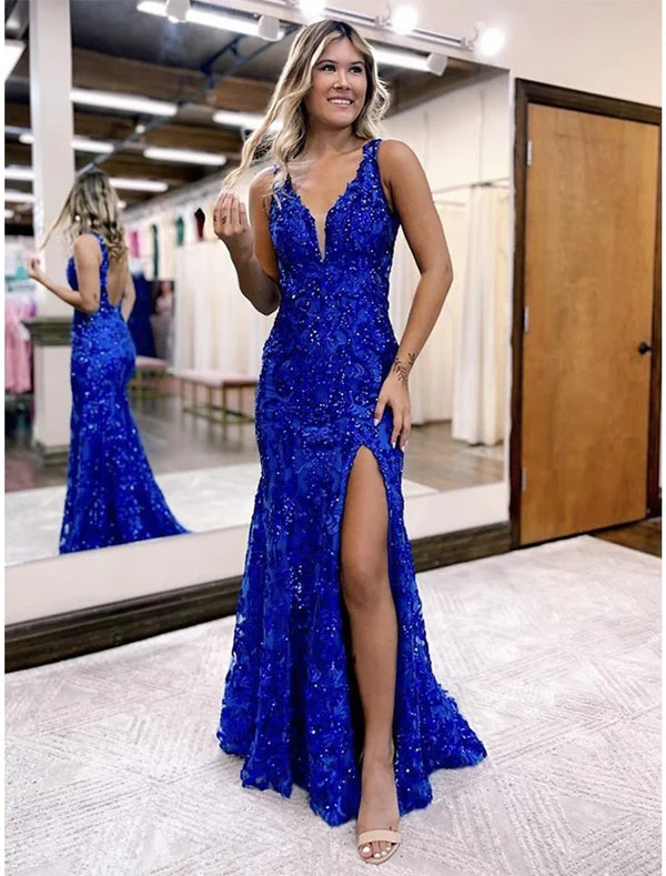 Robe de bal sirène/trompette scintillante et brillante, traîne formelle sans manches, col en V, dos nu pailleté