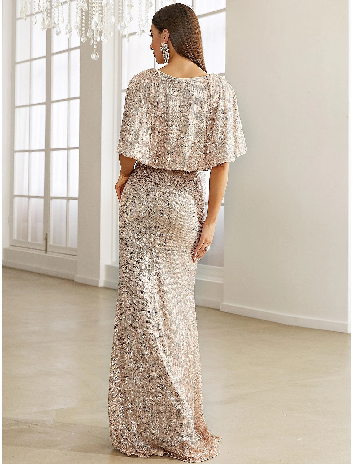 Meerjungfrau/Trompete Abendkleid Elegantes Kleid Formell Herbst Sweep/Pinsel Schleppe Halbe Ärmel V-Ausschnitt Pailletten mit Glitzer