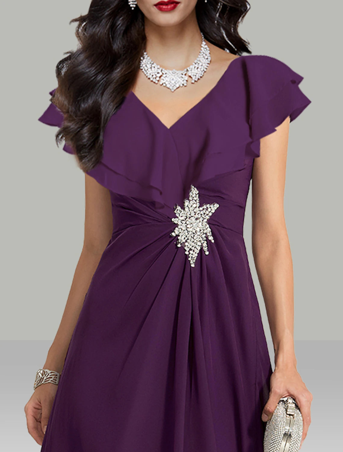 Robe de mariée trapèze élégante, robe de cocktail, robe de soirée, semi-formelle, longueur thé, manches courtes, col en V, mousseline de soie avec strass