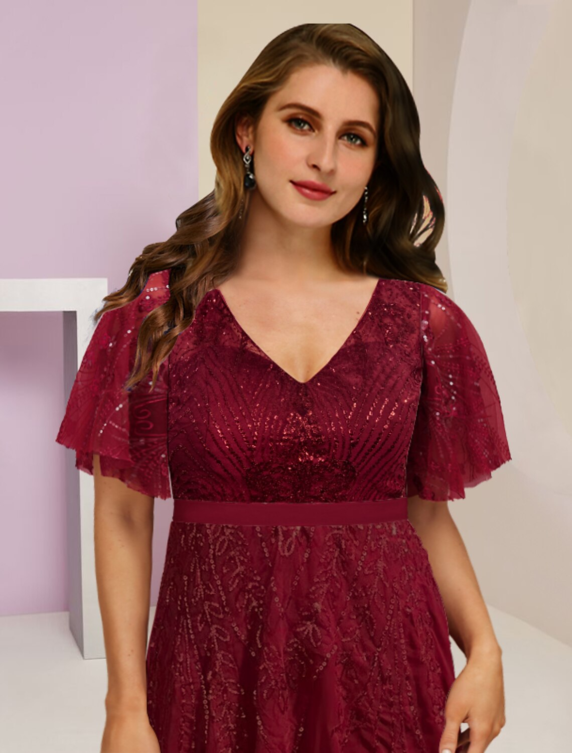 Kleider für die Brautmutter, Übergröße, Kurve, Bauch verbergen, Hochzeitsgast, elegant, funkelnd und glänzend, V-Ausschnitt, bodenlang, Chiffon, Spitze, Pailletten, kurze Ärmel mit Falten, Schlitz vorne