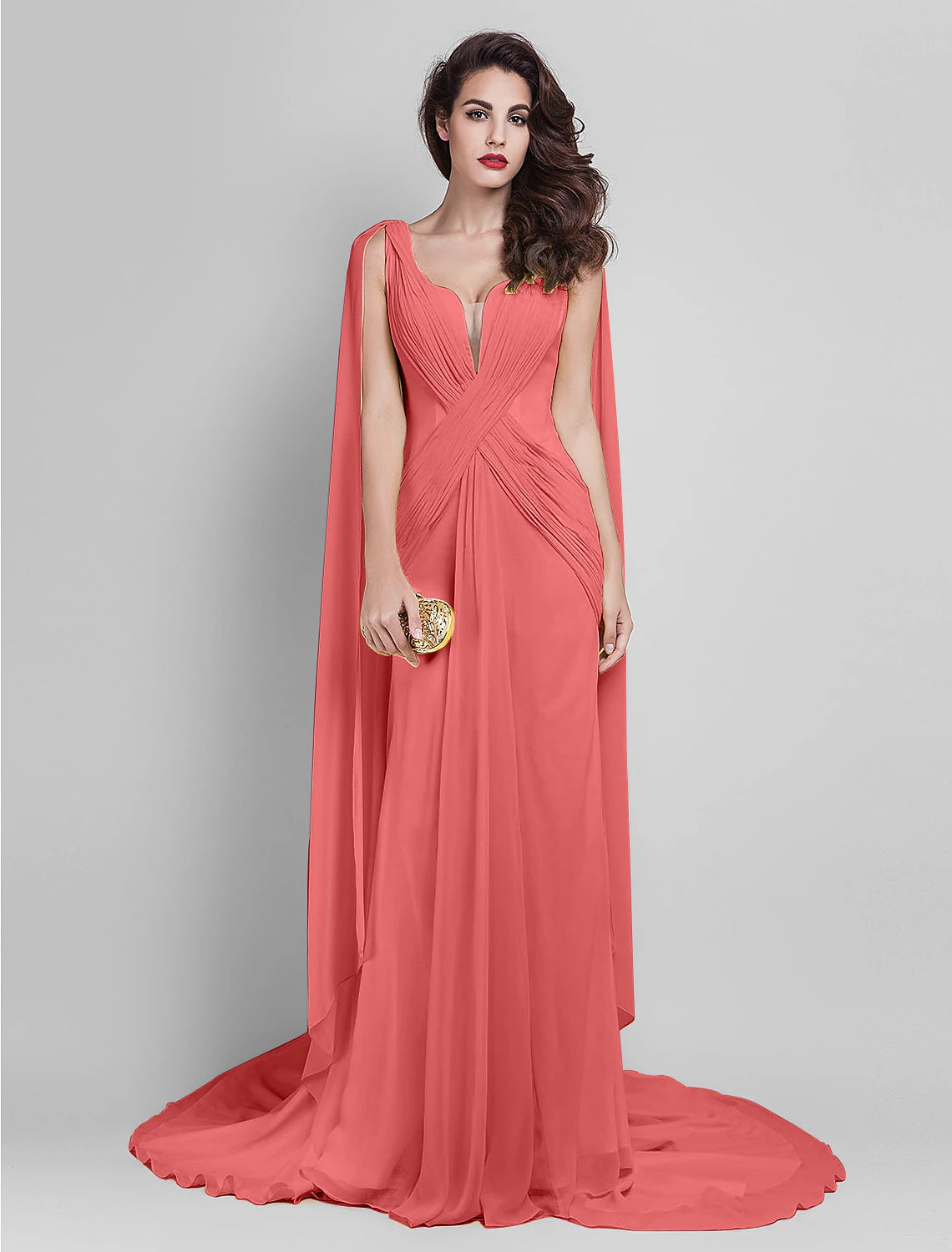 Etuikleid/Säulenkleid, elegantes Kleid, Hochzeitsgast, Abschlussball, Hofschleppe, ärmellos, tiefer Ausschnitt, Georgette, V-Rücken mit überkreuzten Seitendrapings
