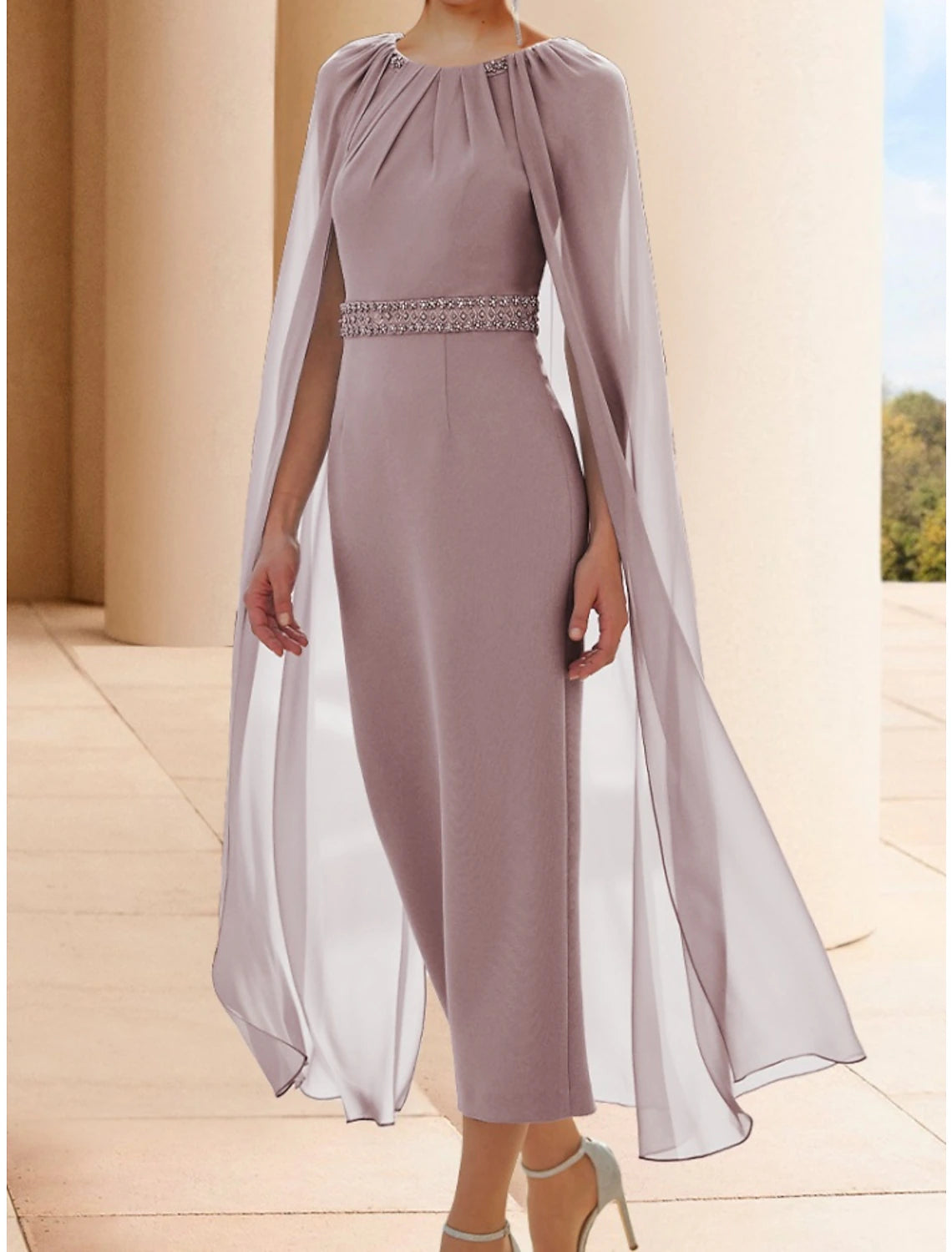 Etuikleid/Säulenkleid für die Brautmutter, elegantes U-Ausschnitt, knöchellang, Chiffon, ärmellos, mit Perlenstickerei, Rüschen
