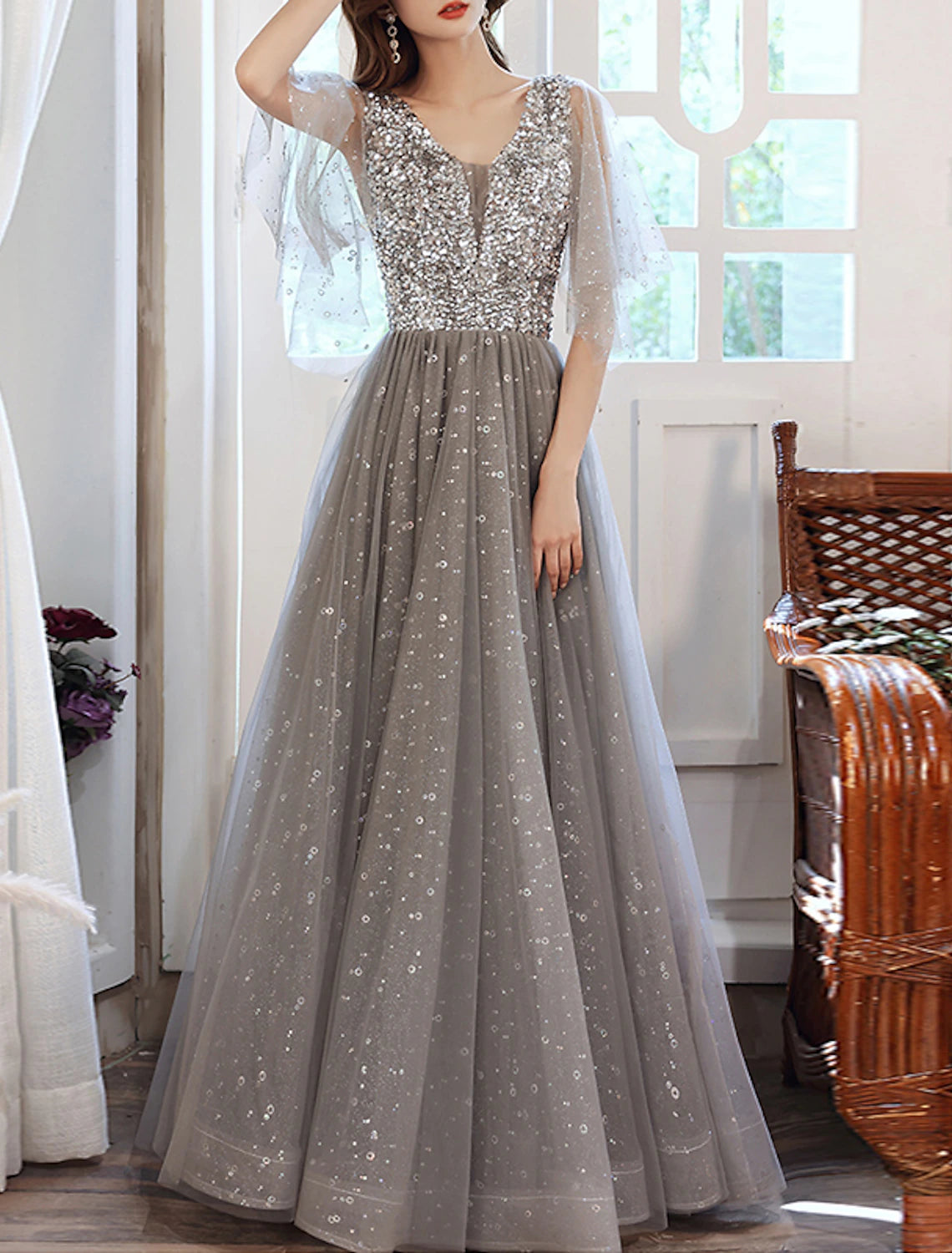 Robe de soirée trapèze élégante, robe de soirée formelle pour invité de mariage, longueur au sol, manches mi-longues, col en V, tulle avec paillettes