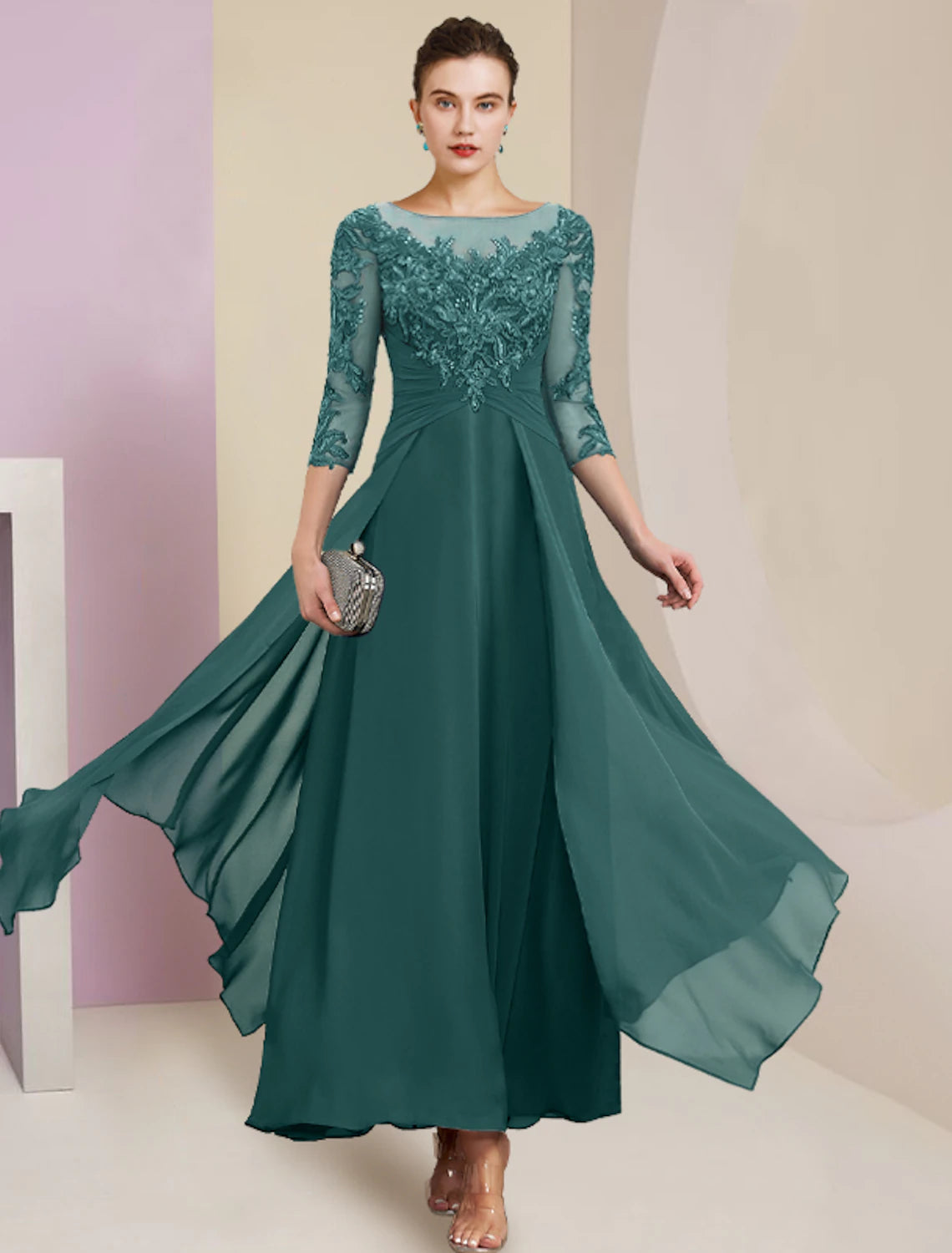 Etuikleid/Säulenkleid für die Mutter der Braut, Hochzeitsgast, schlicht, elegant, Rundhalsausschnitt, knöchellang, Chiffon, Spitze, 3/4-Ärmel mit Falten, Pailletten