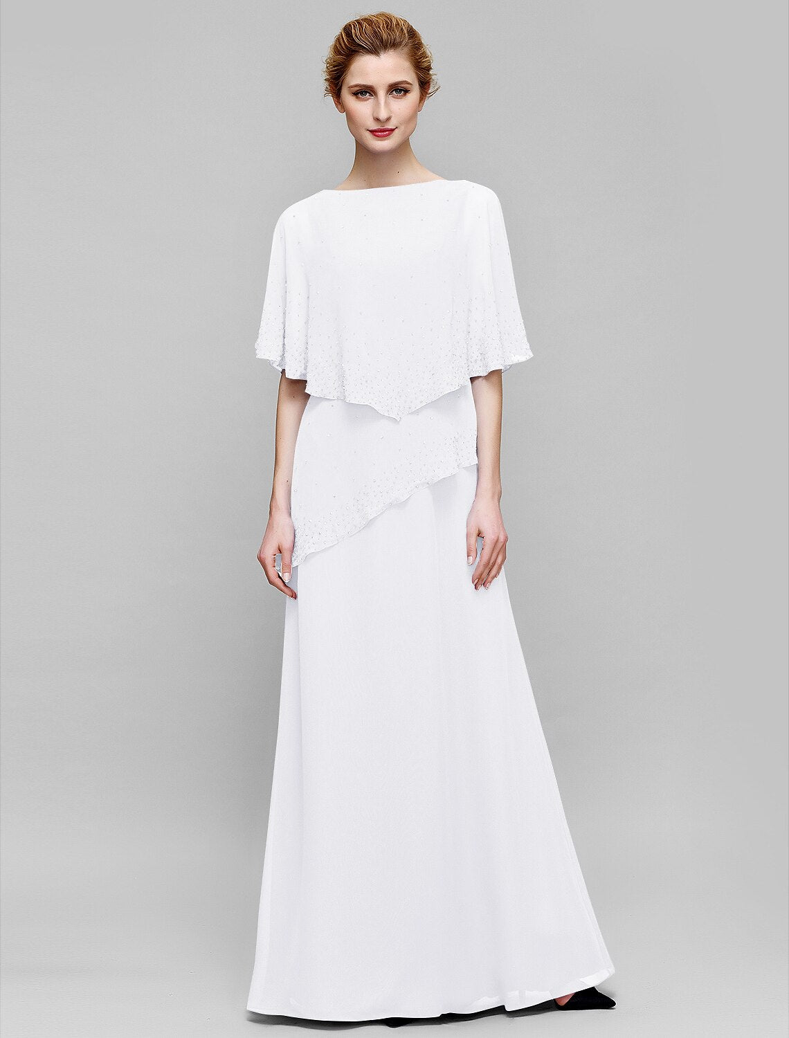 Etuikleid/Säulenkleid für die Brautmutter, elegant, U-Boot-Ausschnitt, bodenlang, Chiffon, ärmellos, mit Perlenstickerei