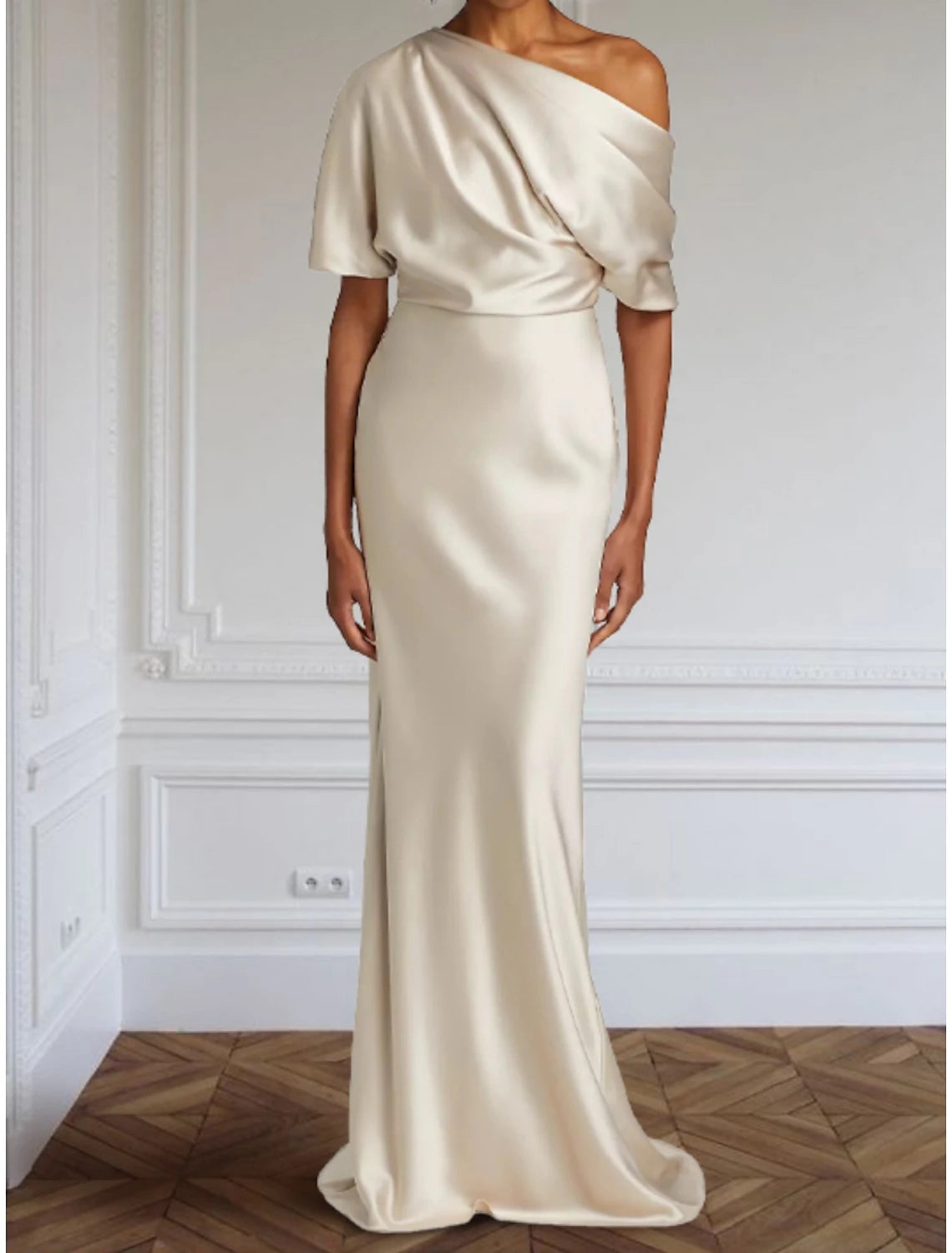 Etuikleid/Säulenkleid, formelles Abendkleid, elegantes Kleid, formelles Kleid, bodenlang, halbe Ärmel, schulterfrei, Satin mit Falten, gerüscht