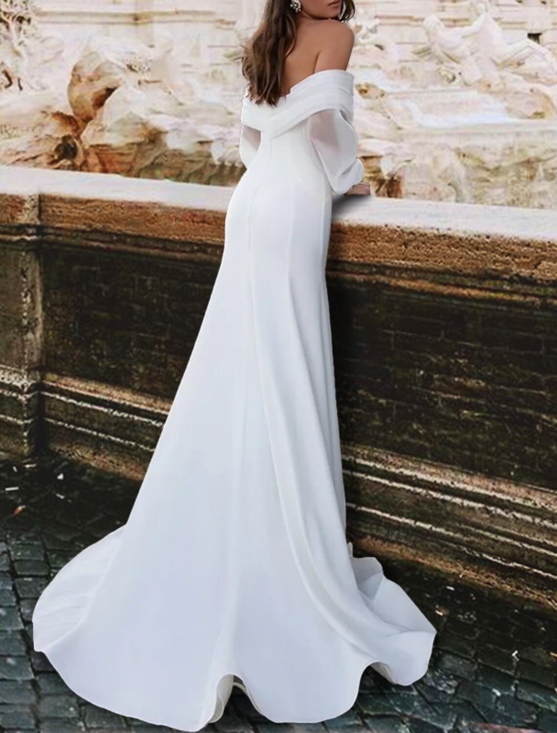 Empfang Einfache Brautkleider Meerjungfrau/Trompete Schulterfrei Langarm Sweep/Pinsel Zug Satin Brautkleider Mit Rüschen