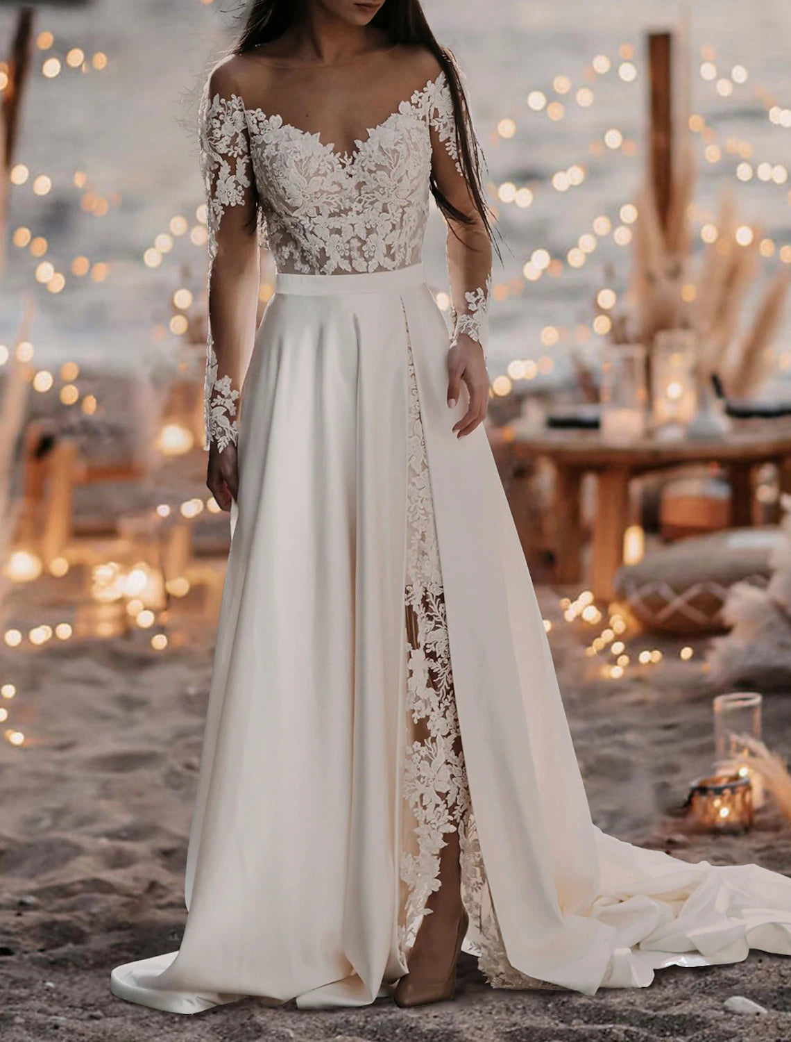 Robes de mariée de plage pour femmes mûres, coupe trapèze, épaules dénudées, manches longues, traîne courte, en satin, avec plis et fente sur le devant