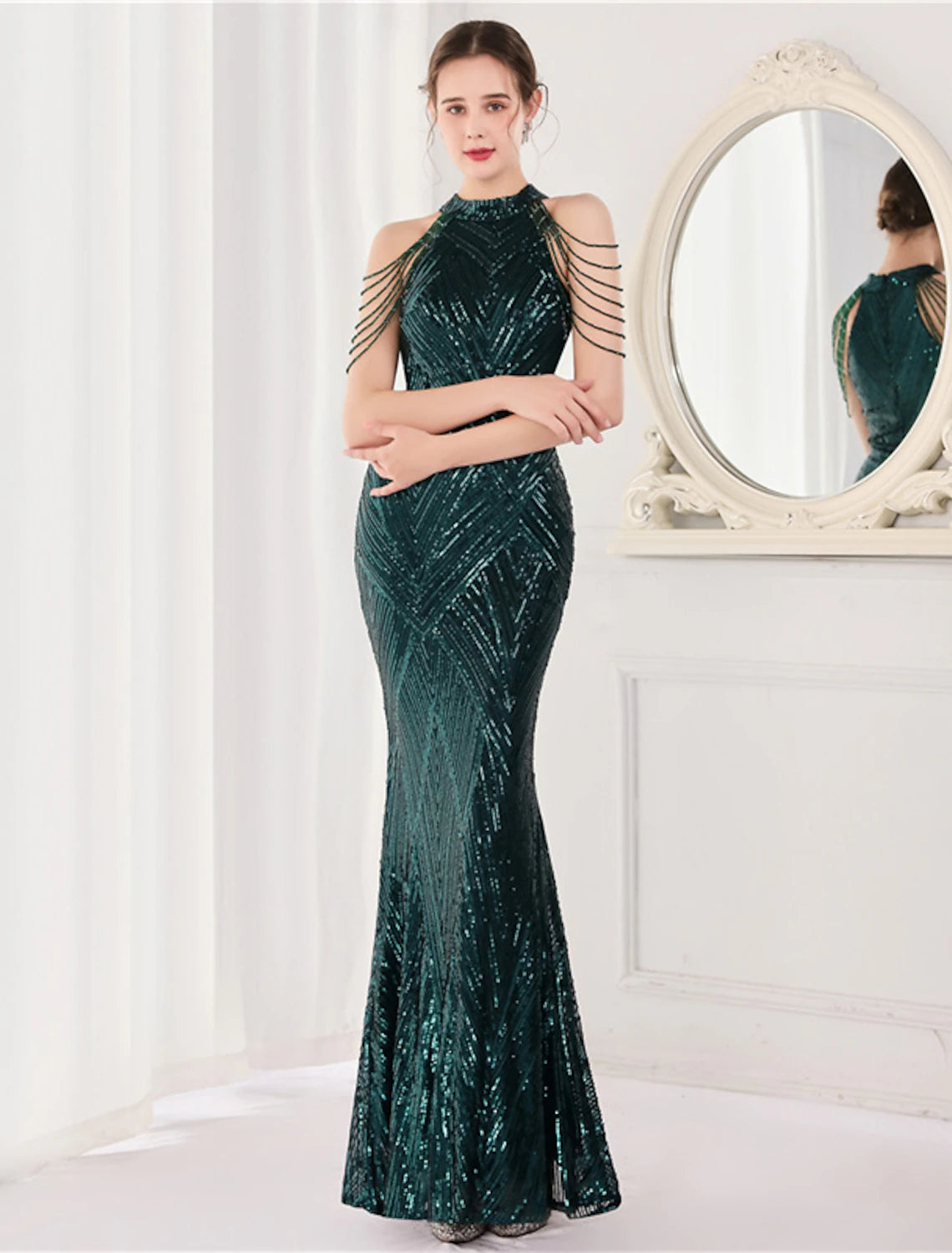 Meerjungfrau-Partykleid, Ballkleid, funkelndes und glänzendes Kleid, formelle Hochzeitsgäste, bodenlang, ärmellos, Neckholder, mit Pailletten