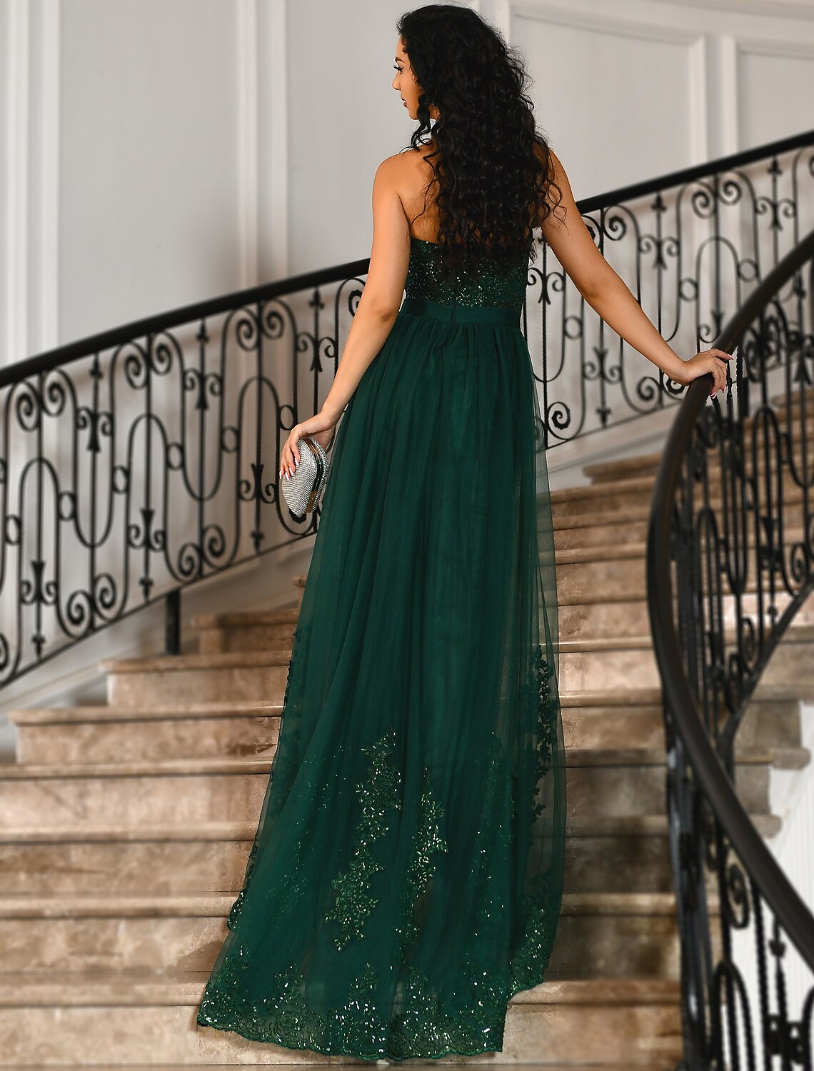 Meerjungfrau-Ballkleider, smaragdgrünes Kleid, rotgrünes Kleid, Hochzeitsgast, Hofschleppe, ärmellos, trägerlos, Tüll mit Schlitzapplikationen