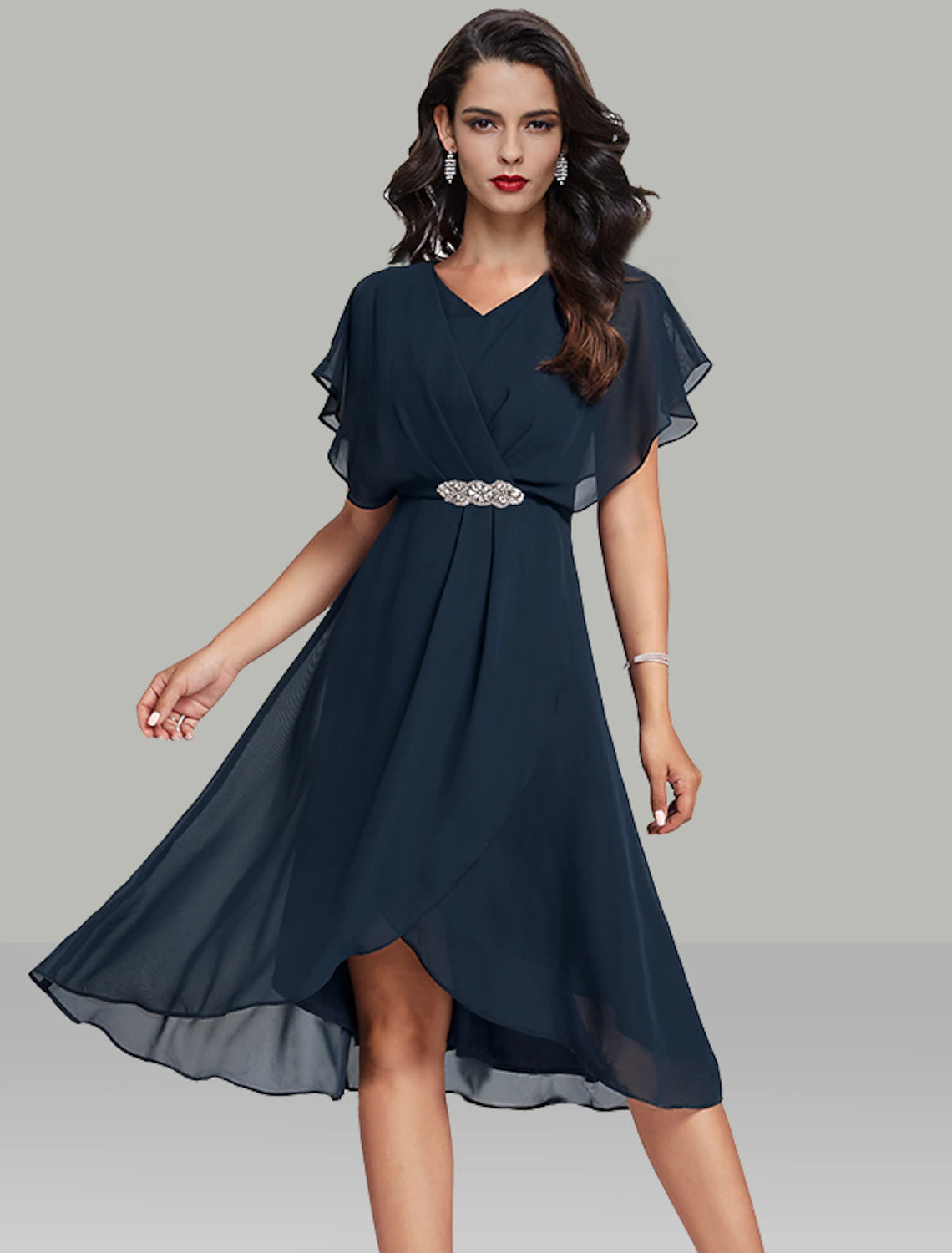 Robe de mariée trapèze élégante, robe semi-formelle, longueur thé, manches courtes, col en V, ceinture en mousseline avec perles