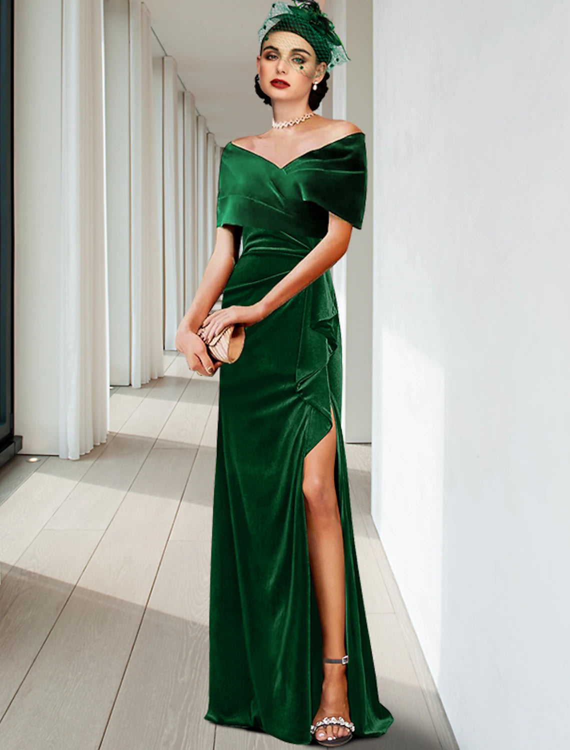 Etuikleid/Säulenkleid Abendkleid Elegantes Kleid Hochzeitsgast Cocktailparty Bodenlang Ärmellos V-Ausschnitt Samt mit Falten Rüschen