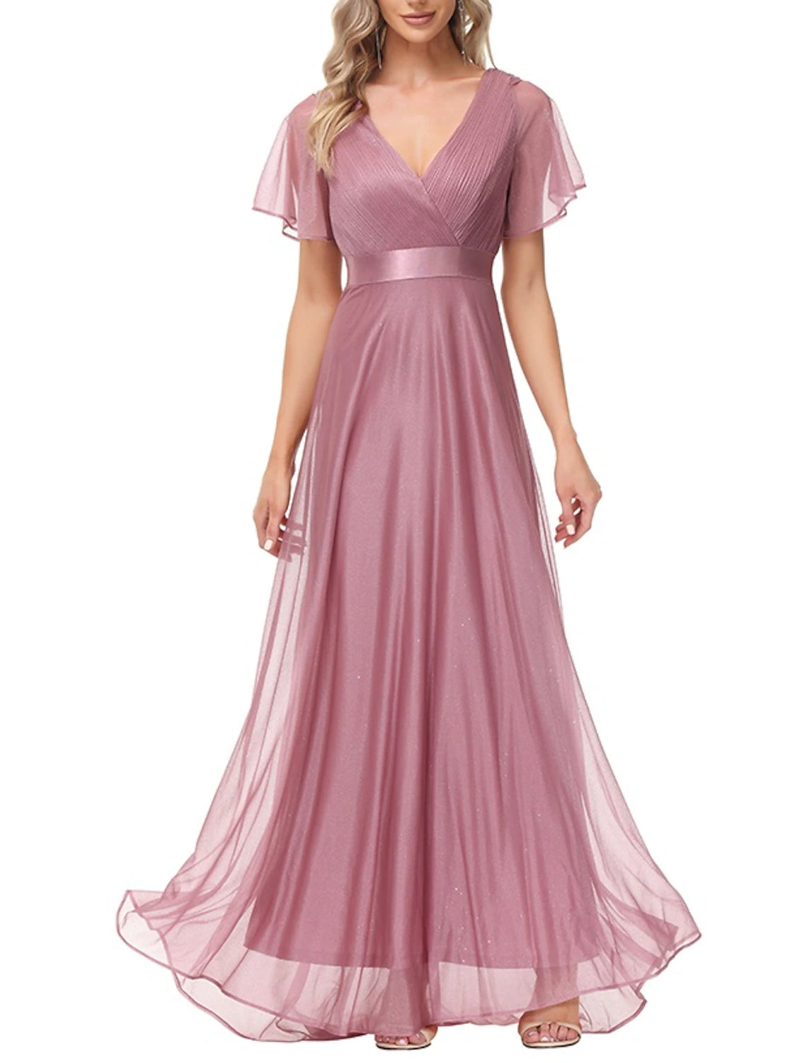 A-Linie Abendkleid Partykleid Empire-Kleid Hochzeitsgast Abschlussball Bodenlang Kurzarm V-Ausschnitt Brautjungfernkleid Tüll mit gerüschten Rüschen
