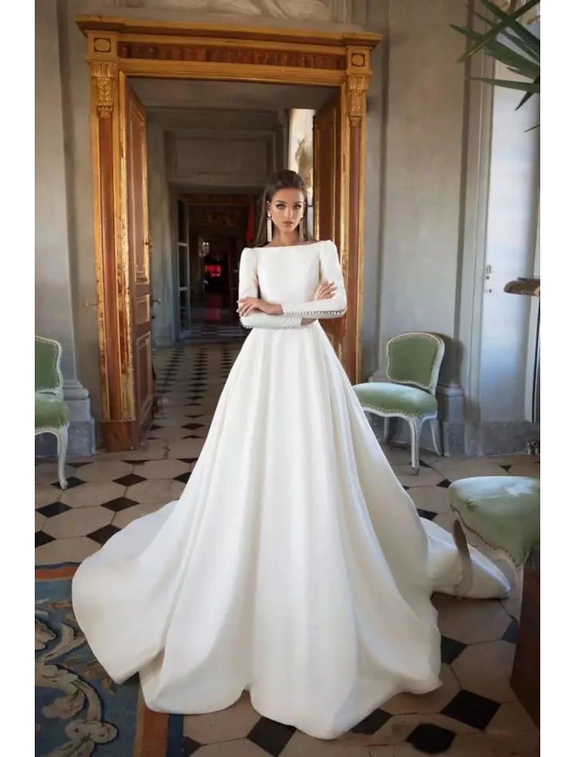 Formelle Brautkleider Ballkleid U-Ausschnitt Langarm Hofschleppe Satin Brautkleider mit Knöpfen Falten