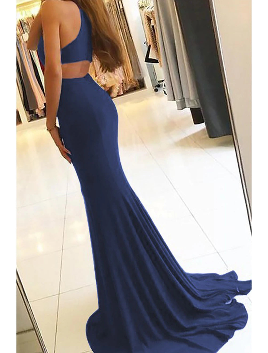 Robe de soirée sirène/trompette moulante, robe de bal formelle, traîne, sans manches, col haut, tissu extensible avec fente