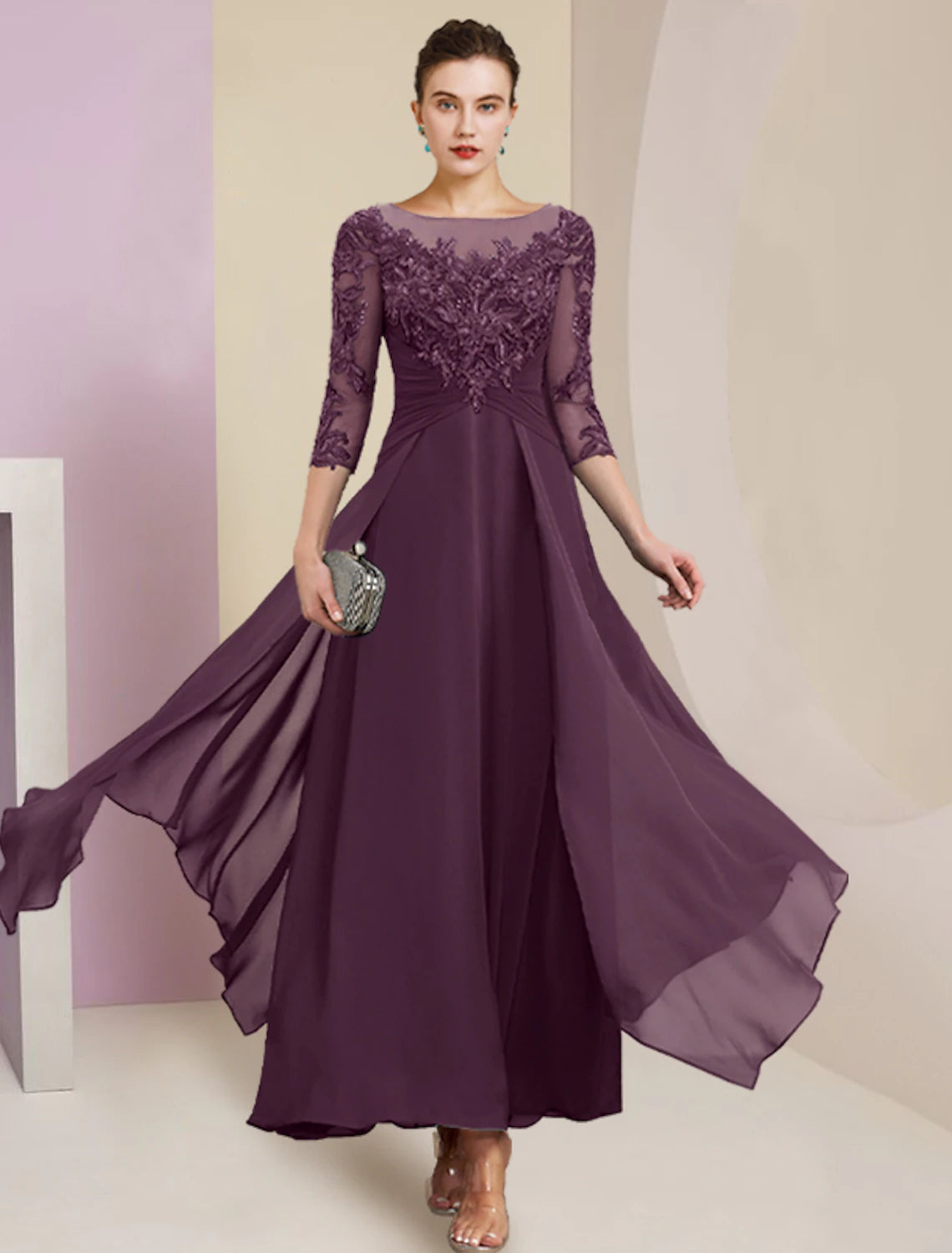 Etuikleid/Säulenkleid für die Mutter der Braut, Hochzeitsgast, schlicht, elegant, Rundhalsausschnitt, knöchellang, Chiffon, Spitze, 3/4-Ärmel mit Falten, Pailletten