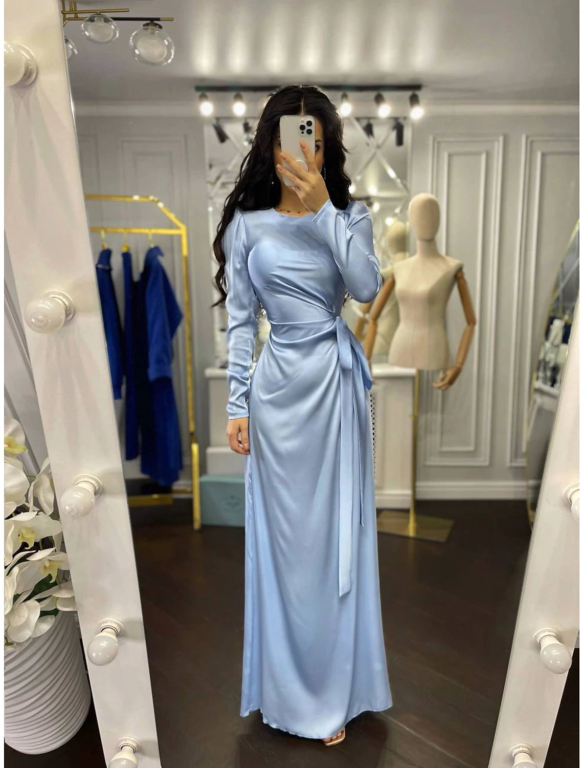 Etuikleid Partykleid Abendkleid Elegantes Kleid Hochzeitsgast Herbst Bodenlang Langarm Stehkragen Brautjungfernkleid Satin mit Rüschen