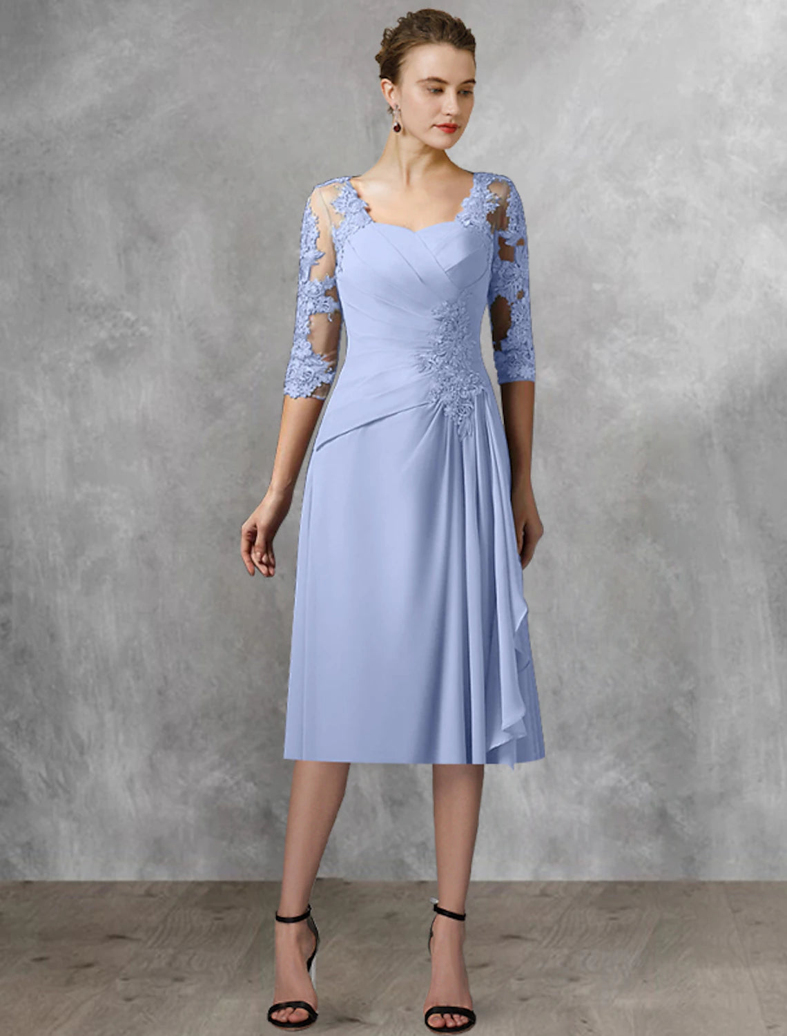 Zweiteiliges A-Linien-Kleid für die Mutter der Braut, Hochzeitsgast, elegant, quadratischer Ausschnitt, knielang, Chiffon, Spitze, halbe Ärmel, Wickelkleid inklusive, seitlich drapierte Applikationen