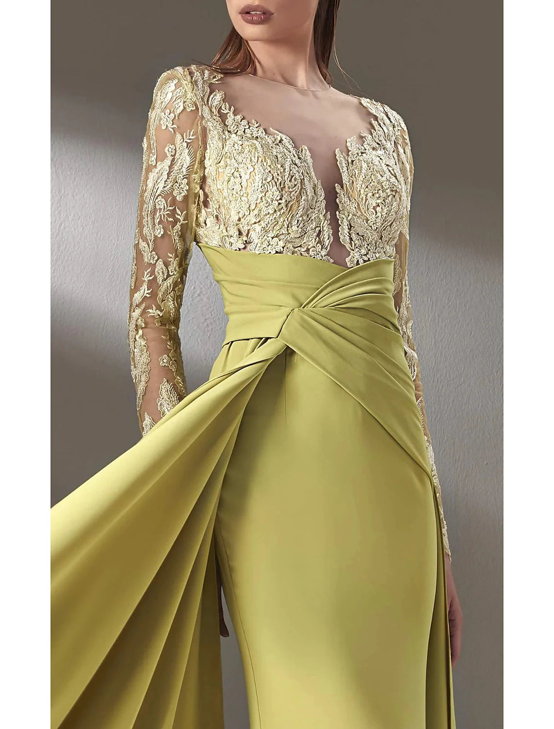 A-Linien-Kleid für die Mutter der Braut, formeller Hochzeitsgast, eleganter Rundhalsausschnitt, bodenlange Chiffonspitze, lange Ärmel mit Spitzendrapierung