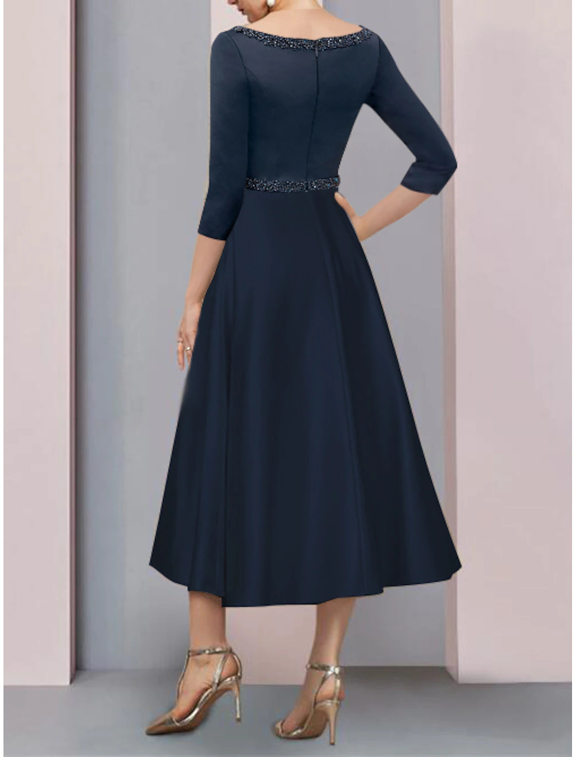 A-Linie Kleid für die Brautmutter, Hochzeitsgast, Vintage, elegant, V-Ausschnitt, teelang, Satin, kurze Ärmel, mit Falten, Perlen