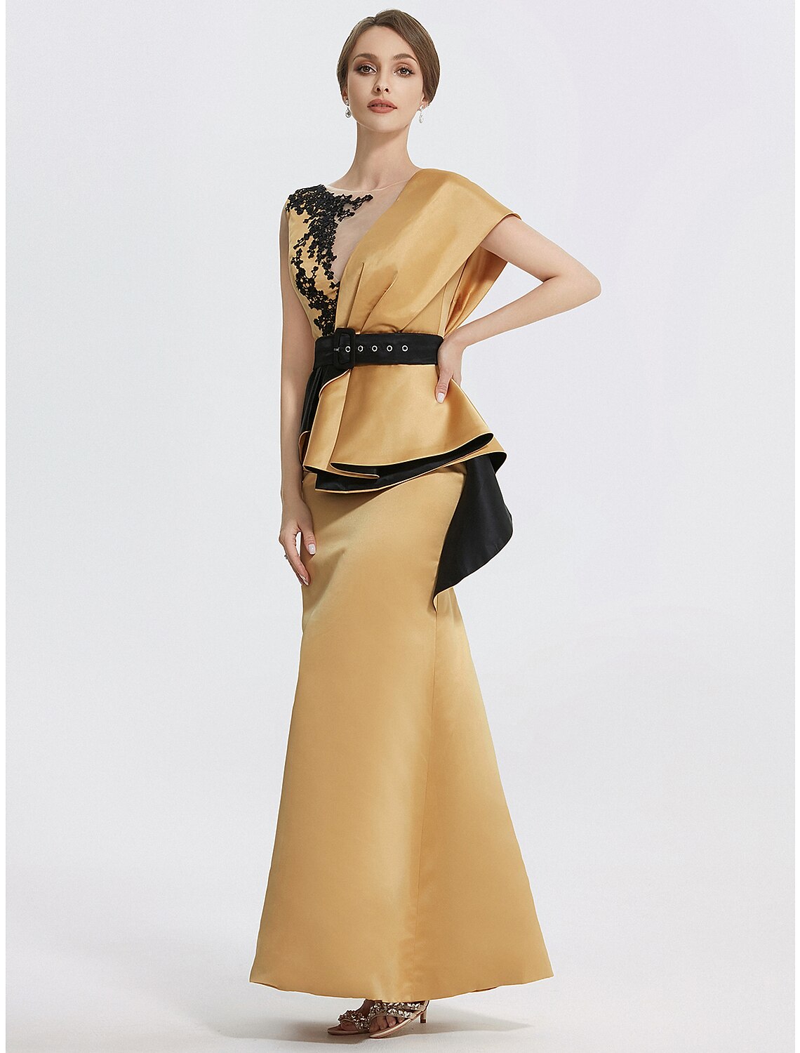 Etuikleid/Säulen-Abendkleid, elegantes Kleid, formell, bodenlang, ärmellos, Rundhalsausschnitt, Satin mit Stickerei-Applikationen