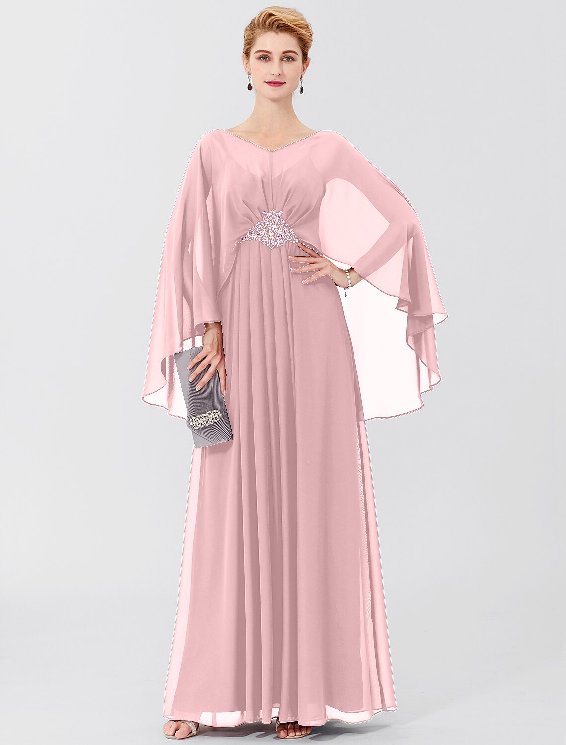 Etuikleid/Säulenkleid für die Mutter der Braut, formell, elegant, klassisch und zeitlos, elegant und luxuriös, V-Ausschnitt, bodenlang, Chiffon, lange Ärmel, mit Falten, Perlenbesatz