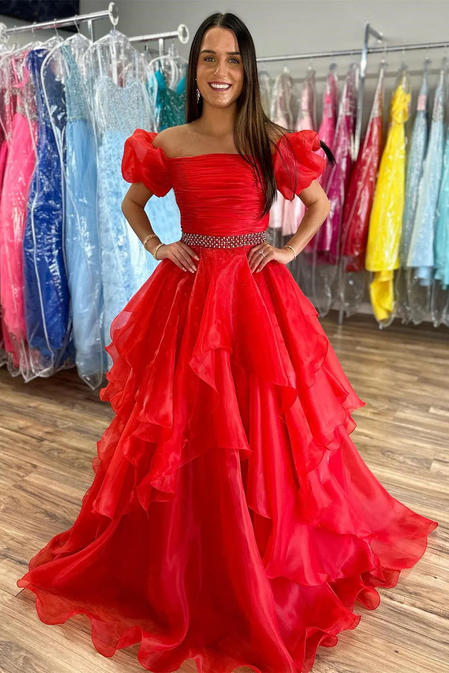 Red A‑Line Off‑The‑Shoulder Puff‑Sleeve Ruched‑Bodice Beaded‑Waist Tiered‑Ruffle Organza Floor‑Length Prom Dress