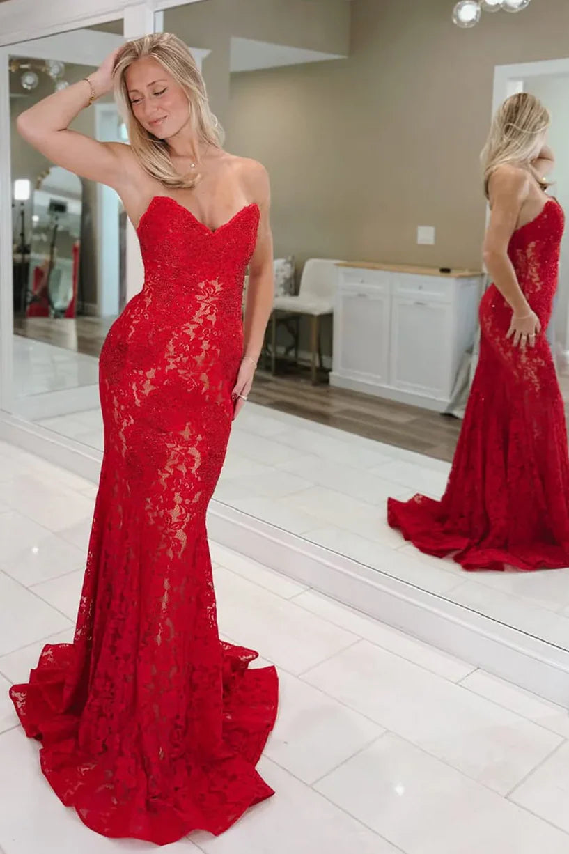 Red Lace Mermaid Strapless Sweetheart Long Prom Dress