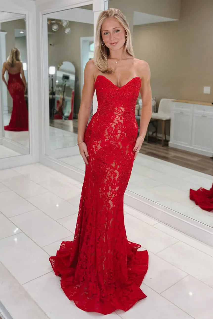 Red Lace Mermaid Strapless Sweetheart Long Prom Dress