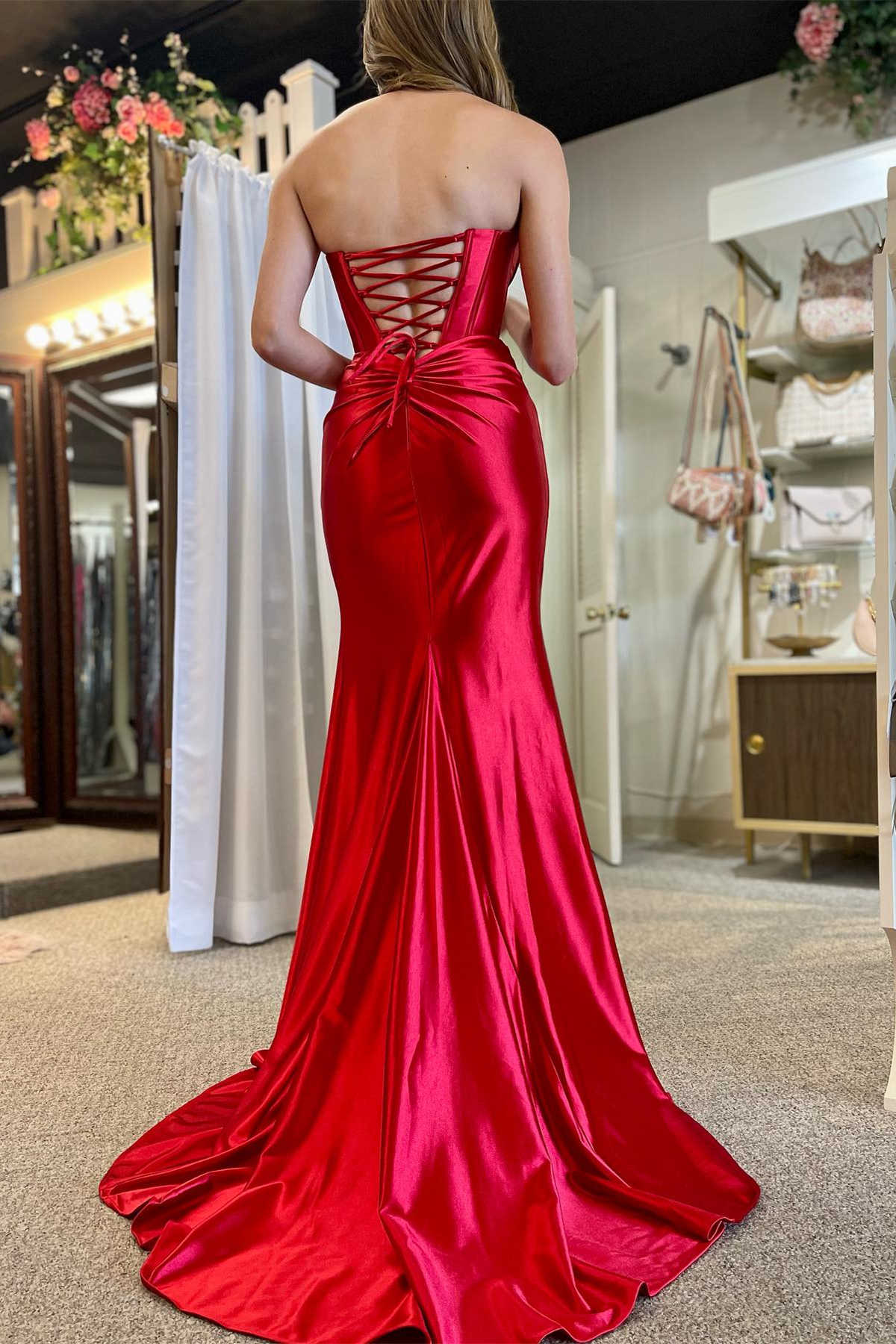 Red Mermaid Strapless Draped‑Neck Corset‑Bodice Crisscross‑Lace‑Up‑Back Twisted‑Waist High‑Slit Floor‑Length Satin Prom Dress