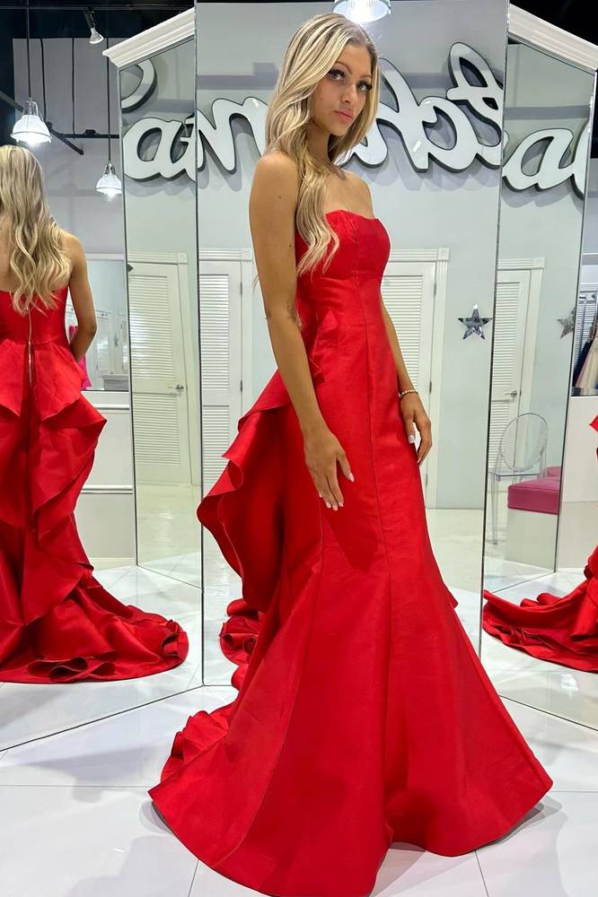 Red Strapless Mermaid Tiered Ruffle Back Prom Dress