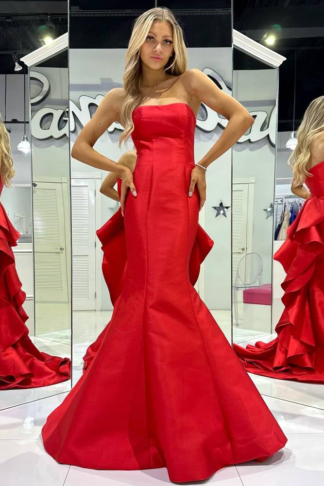 Red Strapless Mermaid Tiered Ruffle Back Prom Dress