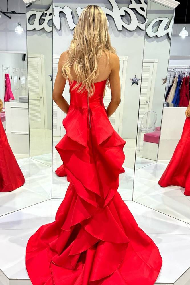 Red Strapless Mermaid Tiered Ruffle Back Prom Dress