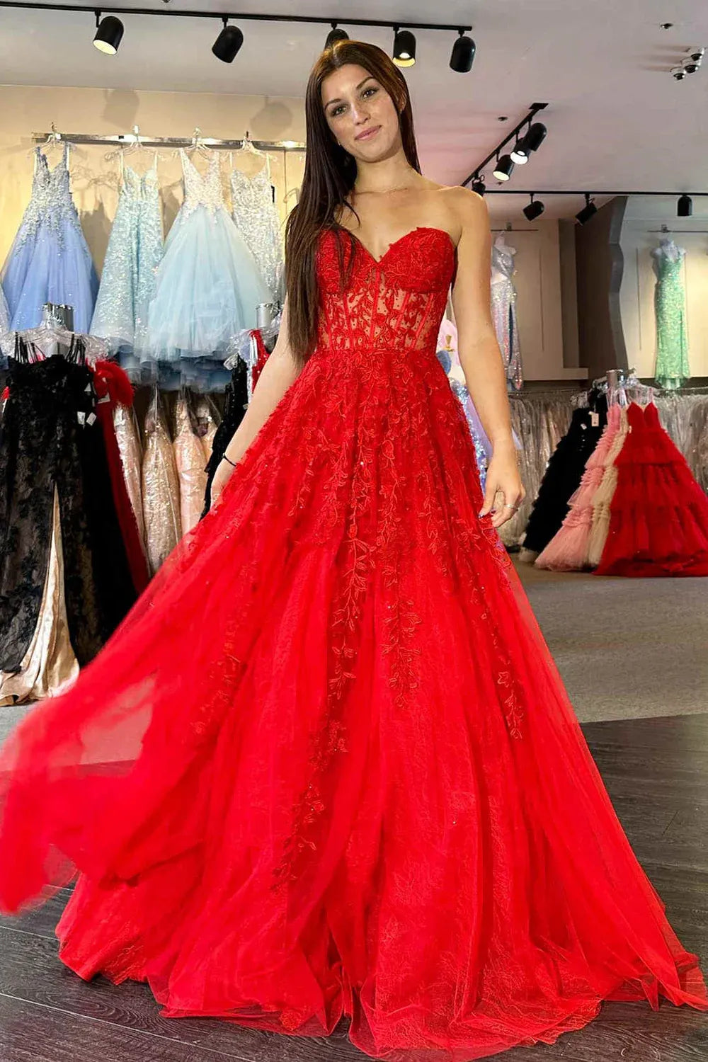 Red Strapless Sweetheart Corset Lace-Up Back Tulle Ball Gown Prom Dress