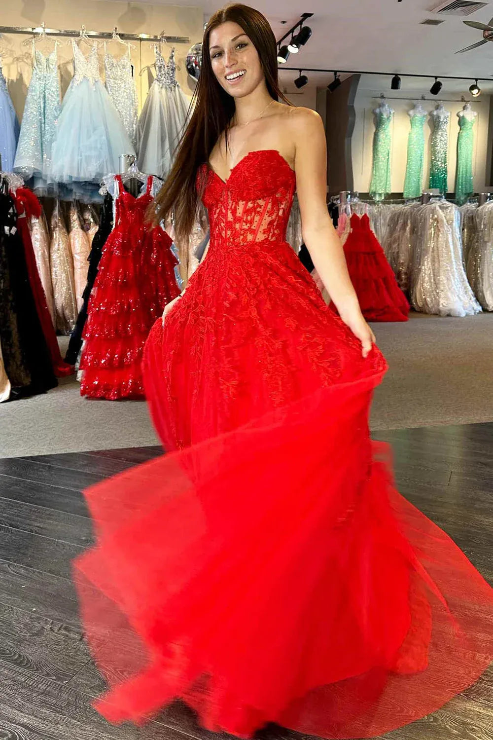 Red Strapless Sweetheart Corset Lace-Up Back Tulle Ball Gown Prom Dress