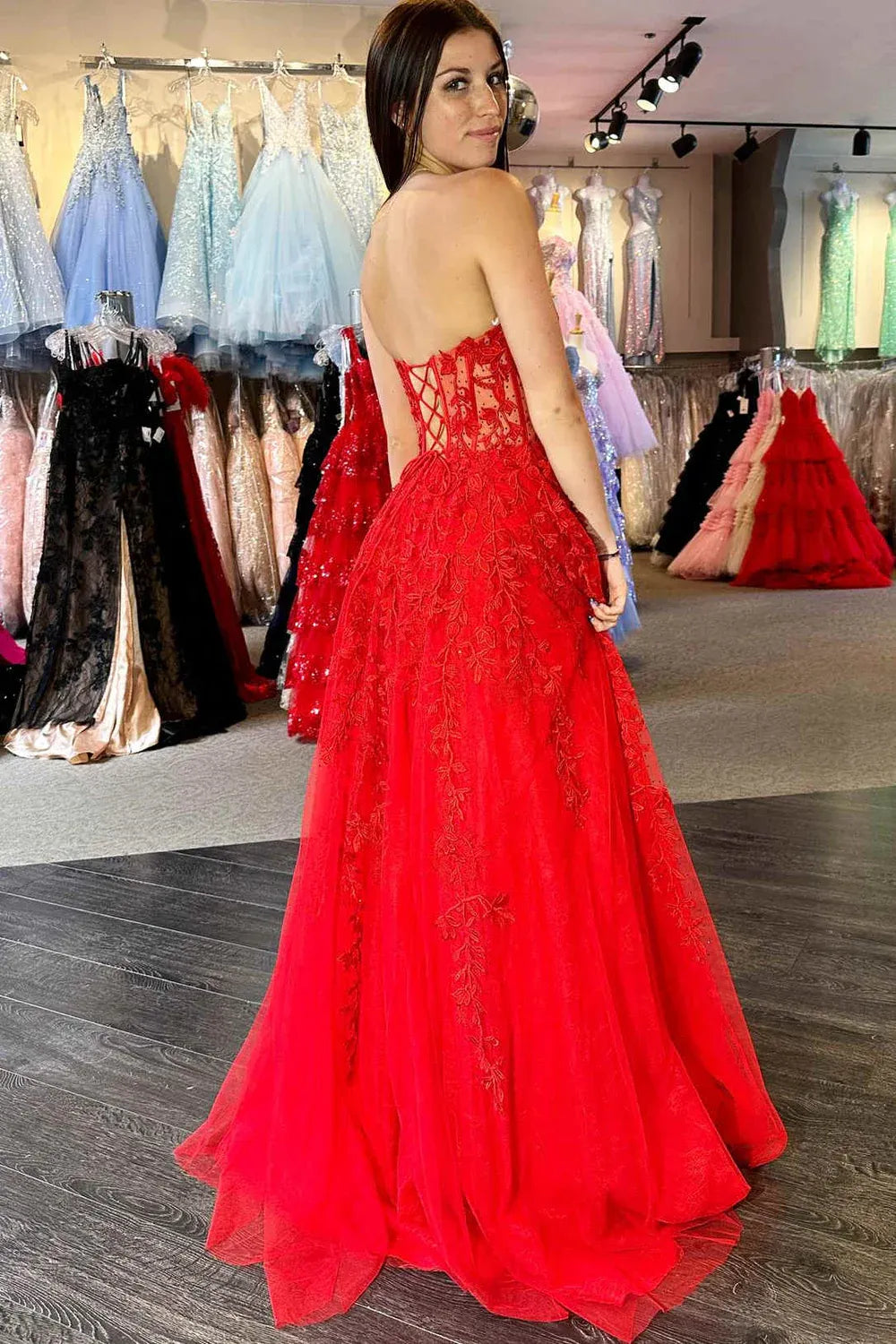 Red Strapless Sweetheart Corset Lace-Up Back Tulle Ball Gown Prom Dress