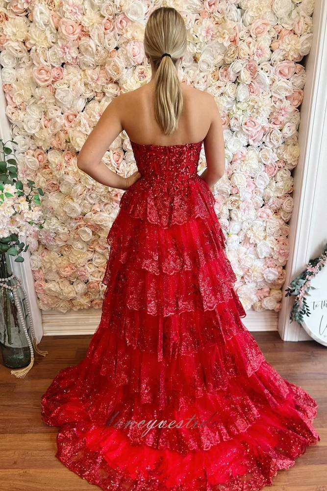 Red Strapless Tiered Ruffle Glitter Tulle Prom Dress