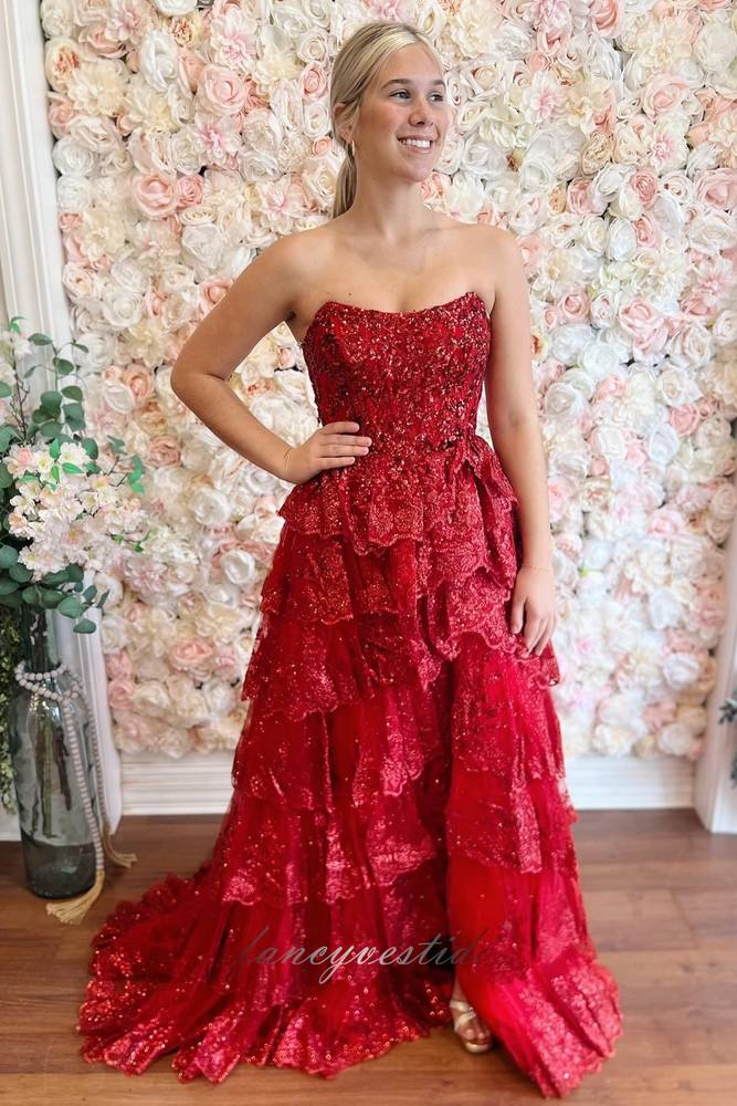 Red Strapless Tiered Ruffle Glitter Tulle Prom Dress
