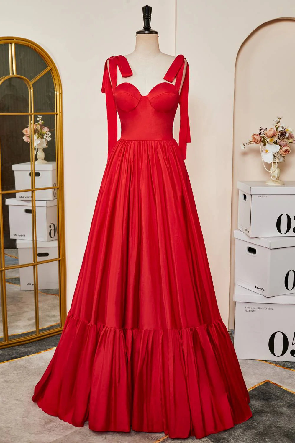 Red Sweetheart Ball Gown with Bow Shoulder Straps