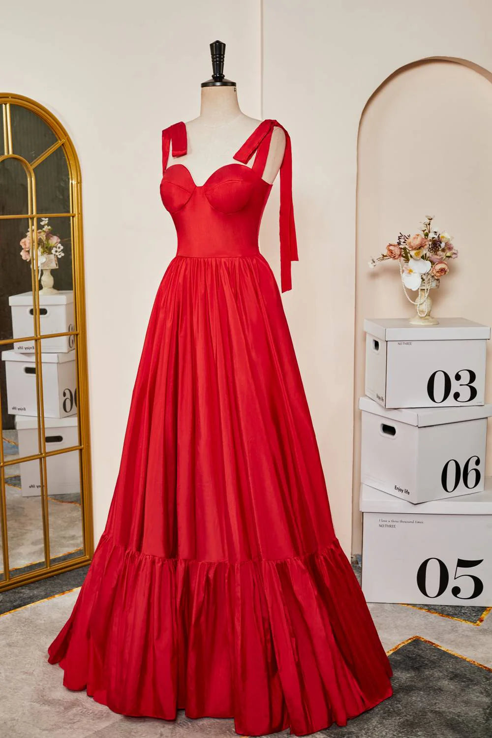 Red Sweetheart Ball Gown with Bow Shoulder Straps