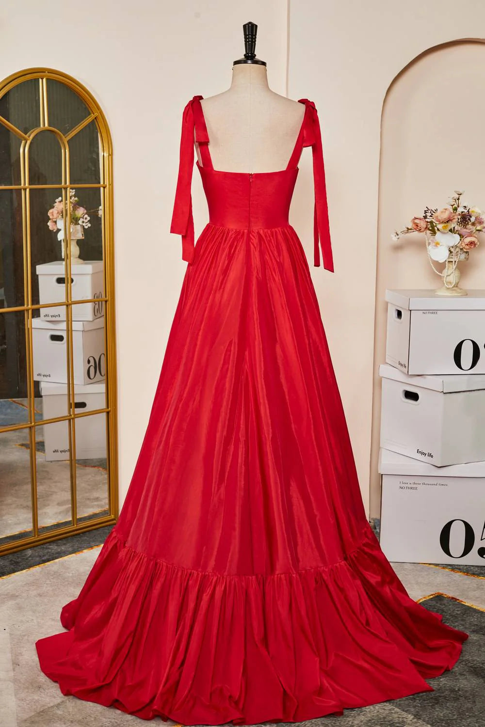 Red Sweetheart Ball Gown with Bow Shoulder Straps